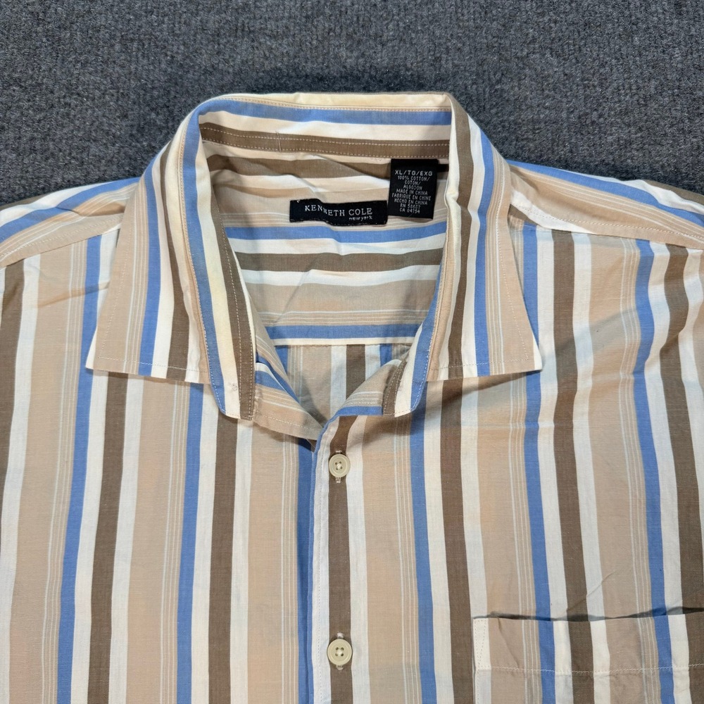 Kenneth Cole New York Mens XL Striped Button Down Shirt Short Sleeve Tan #4198